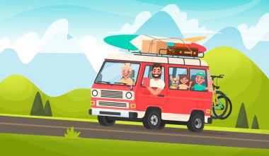 Mutlu aile yolculuğu. Anne, Baba, çocuk ve bir dağ manzarası arka plan üzerinde bir turist minivan seyahat eden bir köpek. Vektör çizim karikatür tarzı
