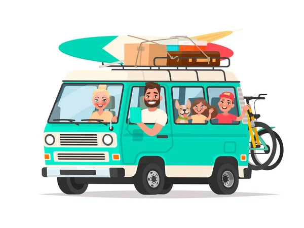 Lycklig Familj Reser Touring Skåpbil Med Bagage Och Cyklar Vit — Stock vektor