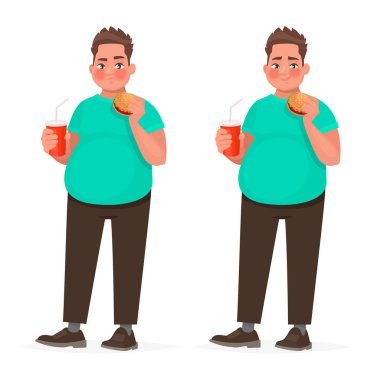 Bir hamburger elinde tutan şişman adam. Lokanta kilolu adamla. Yanlış beslenme kavramı. Obezite. Vektör çizim karikatür tarzı