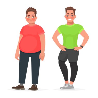 Erkek vücut dönüşümü. Zayıflama ve diyet. Önce ve sonra spor oynarken. Şişman ve sportif bir adam. Sağlıklı doğru beslenme kavramı. Vektör çizim karikatür tarzı