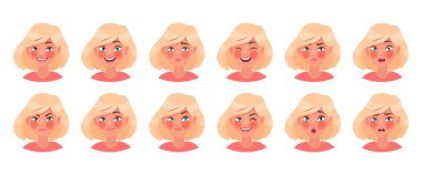 Farklı duygular bir kadın karakter kümesi. Güzel kız emoji yüz ifadeleri çeşitli ile. Vektör çizim karikatür tarzı