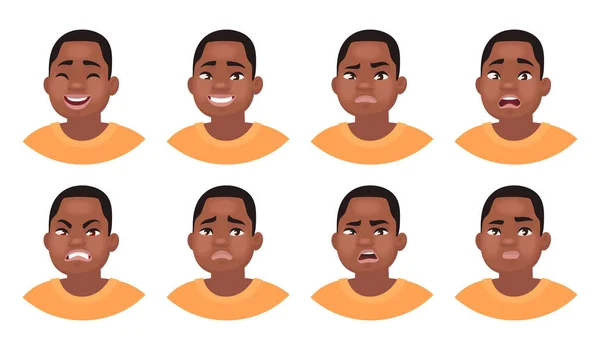 Набор Различных Эмоций Мужской Характер Афроамериканец Смайлик Различными Выражениями Лица — стоковый вектор