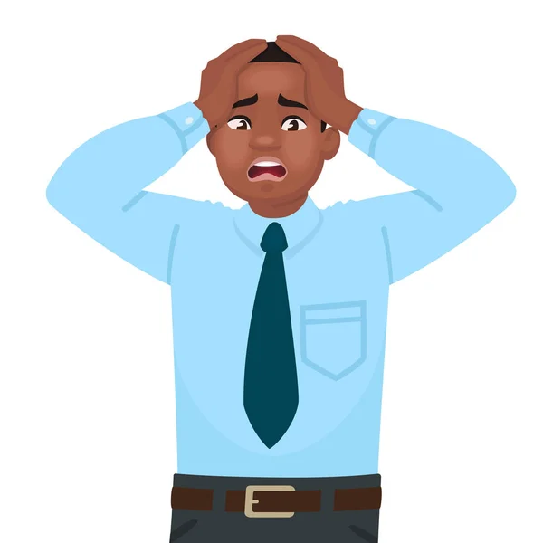 Stress Anxiety Work African American Male Office Worker Alarmed Headache — Stock Vector