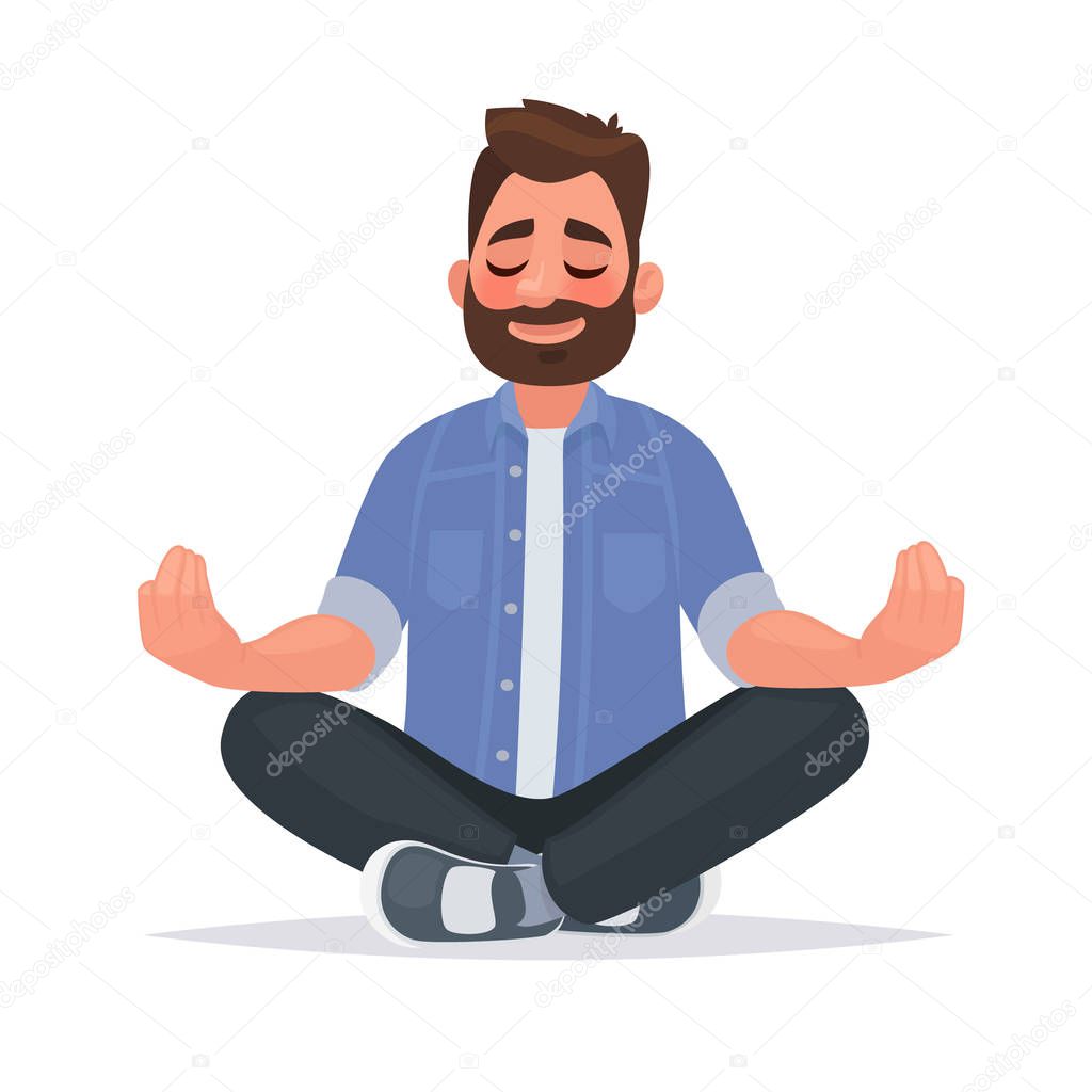 Meditating man over isolated background. Keep calm. Vector illustration in cartoon style