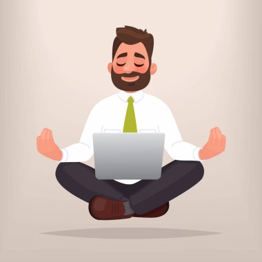 Yoga yaparken iş adamı. Meditasyon kavramı. İş çözümleri iş bulma, sakin ol. Vektör çizim karikatür tarzı