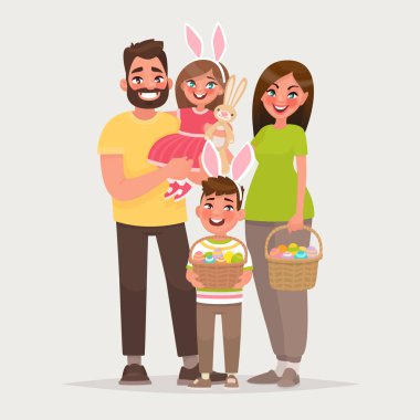 Mutlu paskalyalar. Sepet yumurta tam neşeli ailesiyle. Baba, anne, oğlu ve kızı birlikte bayram kutlamak. Vektör çizim karikatür tarzı.