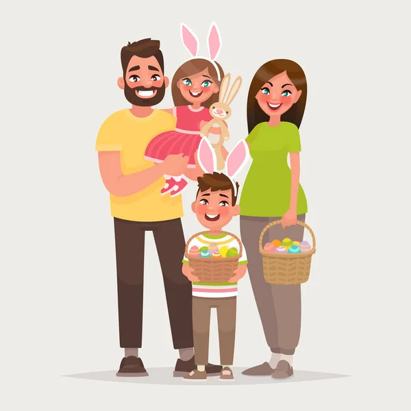 Καλό Πάσχα Χαρούμενη Οικογένεια Καλάθια Μας Γεμάτα Αυγά Μπαμπάς Μαμά — Διανυσματικό Αρχείο