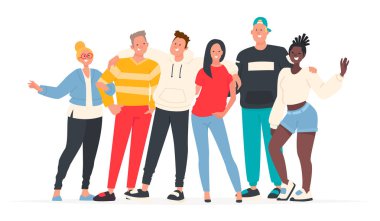 Mutlu arkadaş birlikte sarılma. Baylar bayanlar, gençlerin gülümseyin 