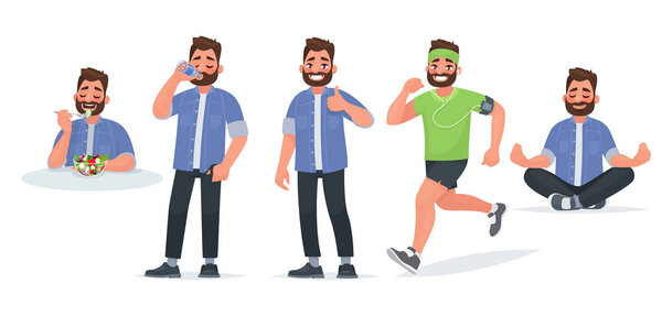 Здоровый образ жизни. Человек ест полезную пищу, пьет воду, тренируется.
 