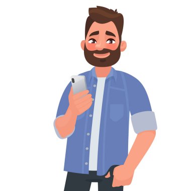 Sakallı adam akıllı telefon elinde tutar. İnsanlar ve araçlar. Kullanarak