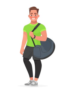 Bir spor çanta beyaz bir arka plan üzerinde Fitness adam. Eğitmen veya 