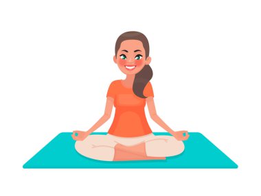 Yoga. Genç bir kız lotus pozisyonda oturuyor. Bir kadın 