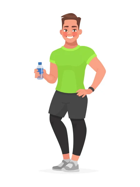 Fitness-Typ in Sportbekleidung mit einer Flasche Wasser in der Hand. — Stockvektor