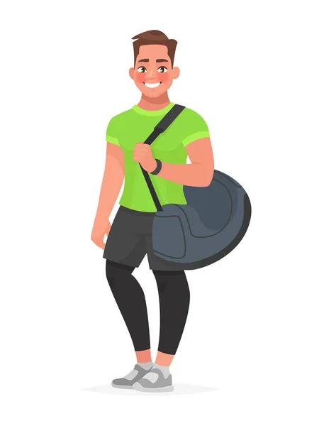 Fitness ragazzo con una borsa sportiva su uno sfondo bianco. Formatore o — Vettoriale Stock
