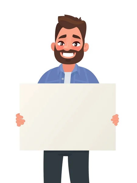 Smiling man is holding a blank poster. Placard for advertising. — Stock Vector