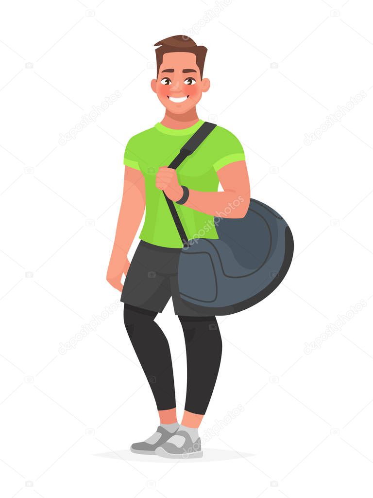 Fitness guy with a sports bag on a white background. Trainer or 