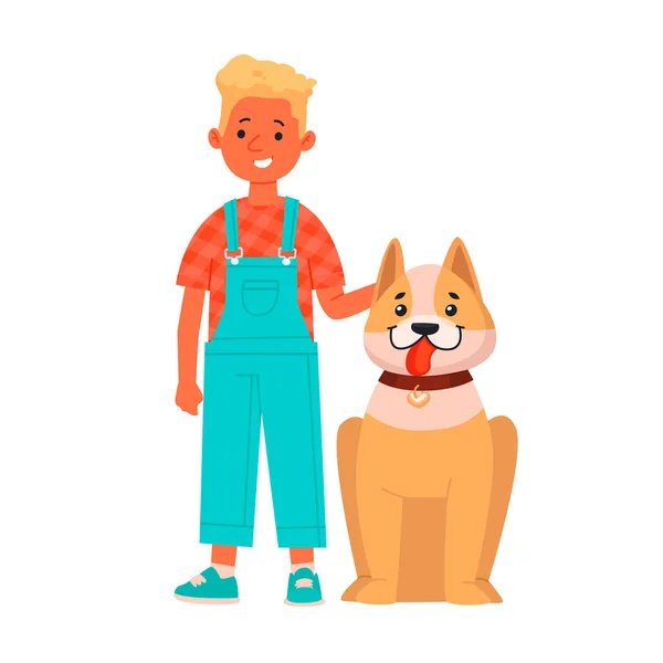 Chico alegre con un perro. Feliz niña con su mascota en un aislado — Vector de stock