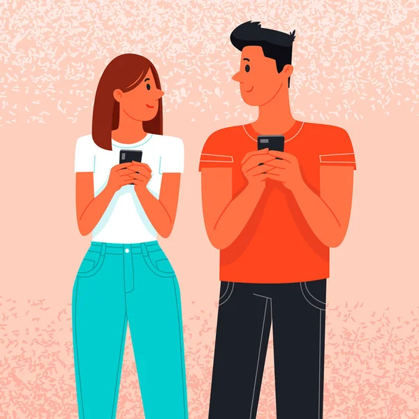 Amar a la pareja feliz charlando. Comunicación en las redes sociales . — Archivo Imágenes Vectoriales