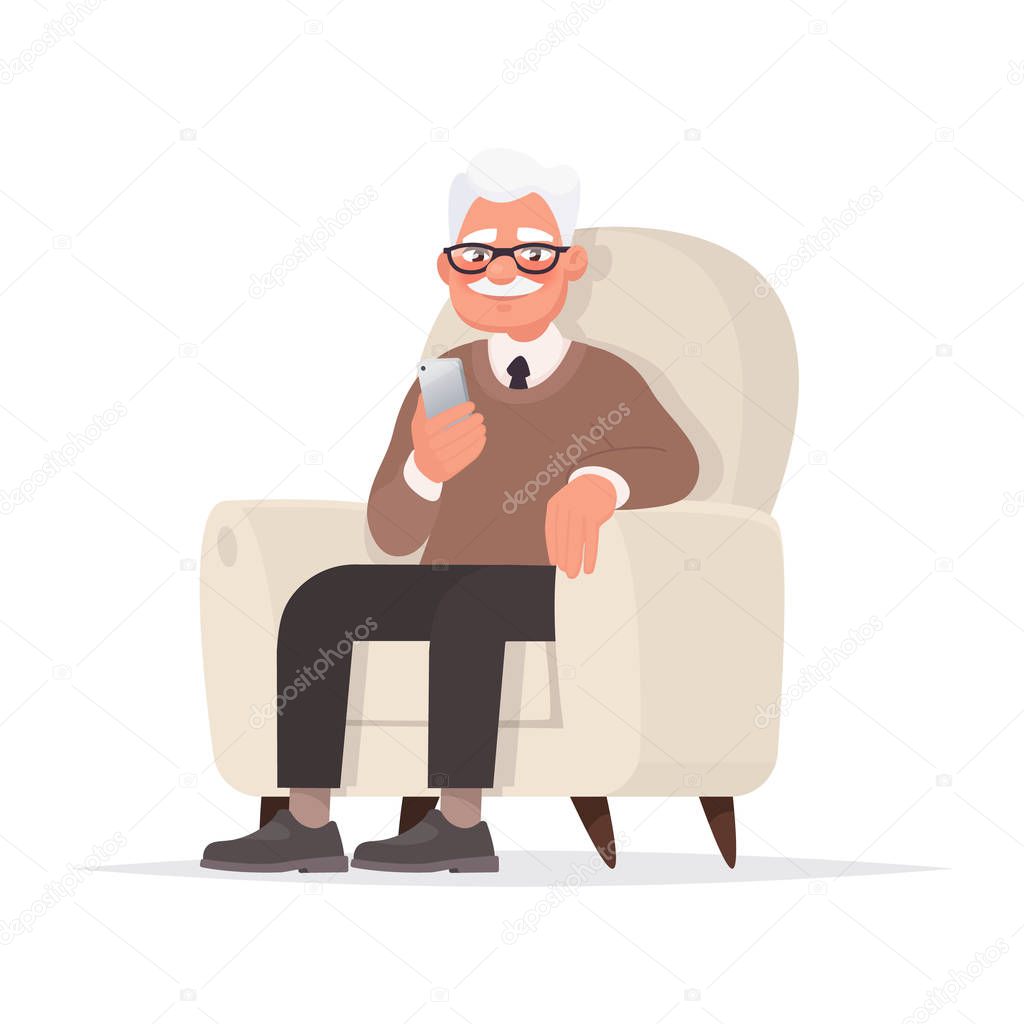 Grandfather sits in a chair and holds a phone in his hand. Vecto