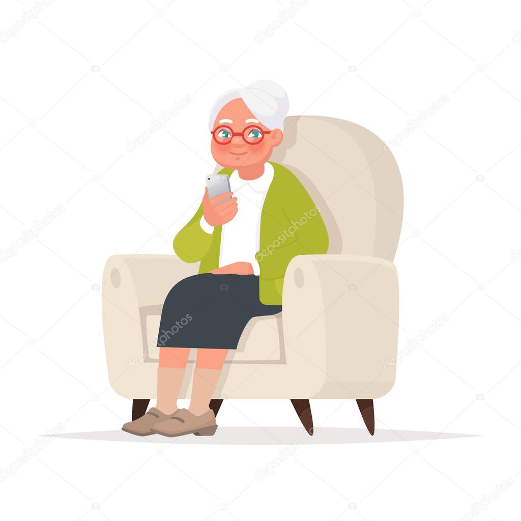 Grandmother sits in a chair and holds a phone in her hand. Vecto