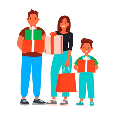 Alışveriş yapan mutlu bir aile. Mevsimsel indirimler ve satış