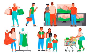 Alışveriş insanlar koleksiyonu. Erkekler ve kadınlar giysi ve Gro satın