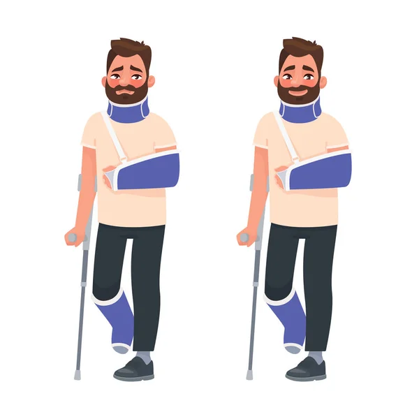 Sad and happy man with a broken arm and leg in a cast with a cru — Stock Vector