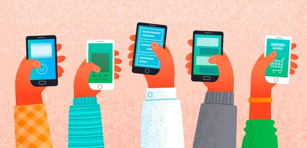 Beaucoup de mains tenant des smartphones. Le concept de travail et de commun — Image vectorielle