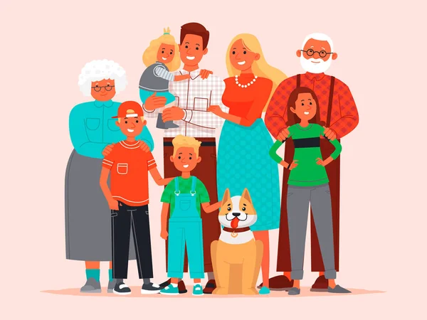 Gran familia feliz. Padre, madre, hijos, abuela y abuela — Archivo Imágenes Vectoriales