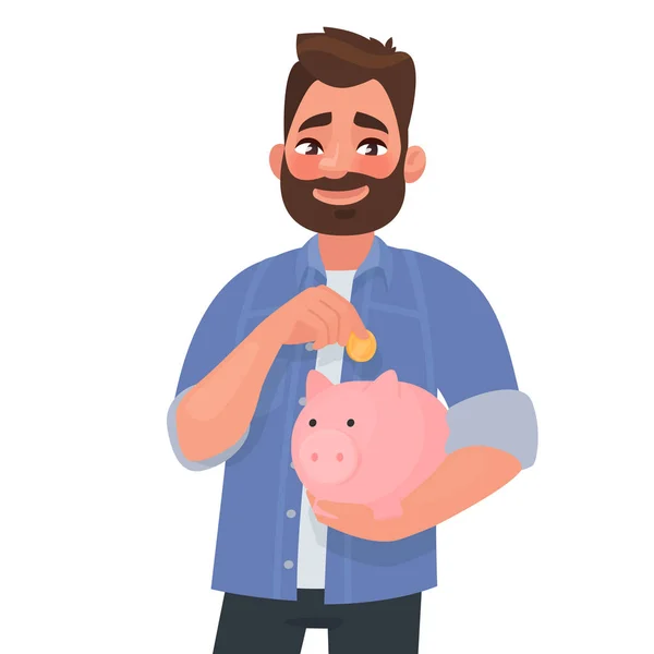 Der Mann hält ein Sparschwein. Konzept zur Rettung der Finanzen. Vektorillus — Stockvektor