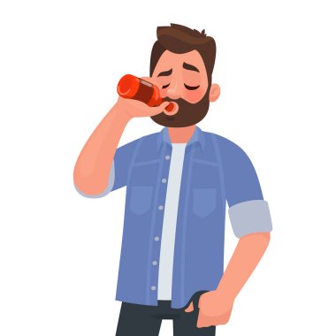 Şişeden bira içen adam. Alkol bağımlılığı. Vektör illus
