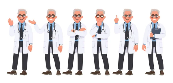 Uppsättning tecken manliga läkare i olika poser och känslor på en — Stock vektor