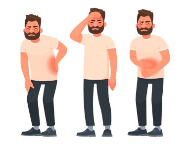 Set of character men with pain in different parts of the body. Backache, abdominal pain, headache, migraine clipart