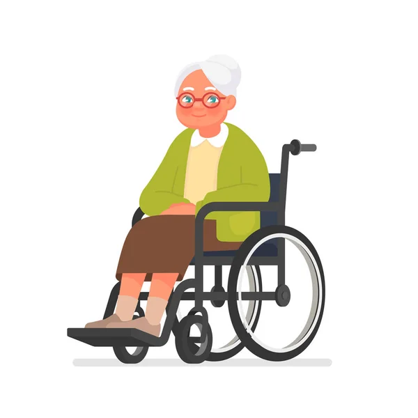 Mormor sitter i rullstol på vit botten. Äldre kvinna i Rehab efter operationen — Stock vektor