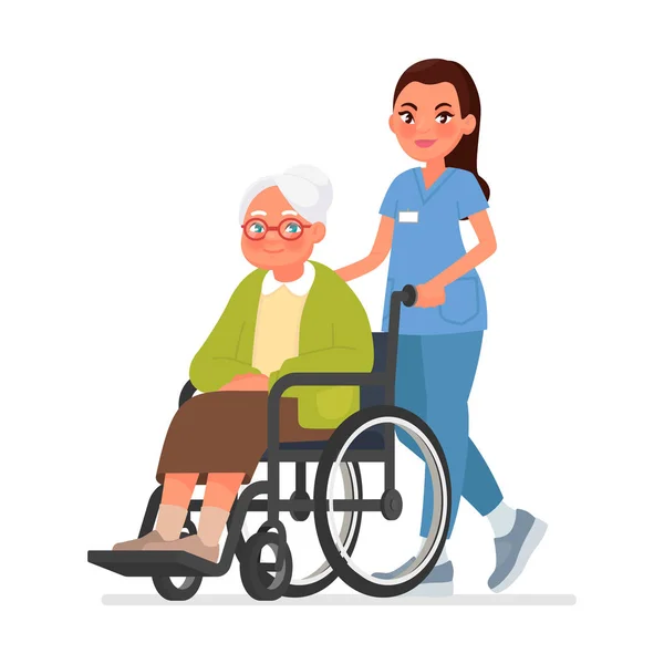 Nurse carries a grandmother in a wheelchair. Old woman in rehabilitation on a hospital — Stock Vector
