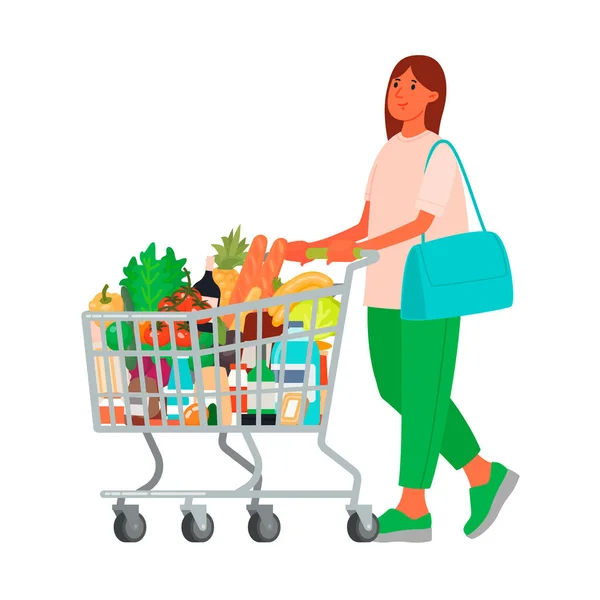 Vrouw met een boodschappenwagentje in de supermarkt. Eten kopen. Klant — Stockvector