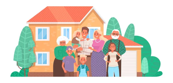 Große glückliche Familie im Hintergrund des Hauses. Eltern und Kinder — Stockvektor