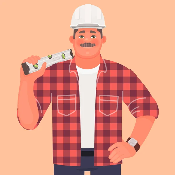 Builder. A man in a hard hat and working clothes keeps building — Stock Vector