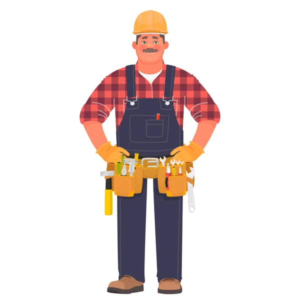 手工或建造者。一个戴着建筑头盔和工作衣的人 — 图库矢量图片