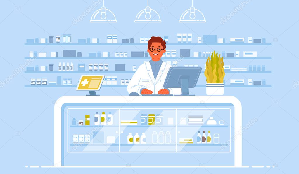 Pharmacist doctor on the background of the interior pharmacy. Ph