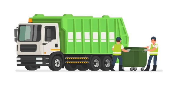 Garbage teherautó és a dustmen. Scavengers dolgozók tisztítsa meg a szemetet CA — Stock Vector