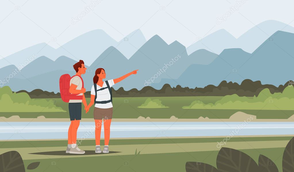 Happy couple of young people go hiking. Man and woman with backp
