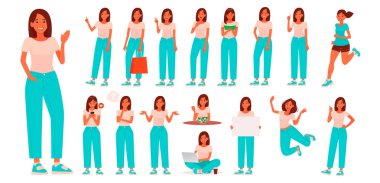 Karakter seti rahat giyim genç bir kadın. Çeşitli kız