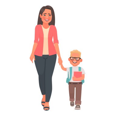 Anne oğlunu birinci sınıfa götürüyor. Anne ve okul çocuğu gidiyor