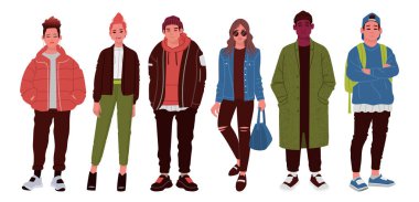 Modaya uygun kıyafetler giyen gençler. Sokak stili. Fashionabl
