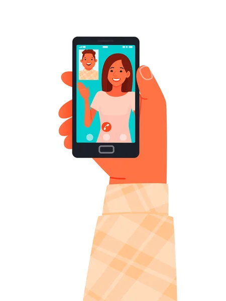 Video call on a smartphone. Friends communicate online using the — Stock Vector