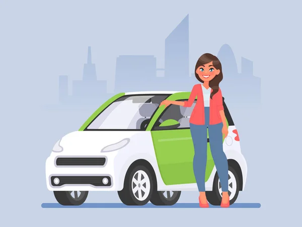 Genç bir kadın şehrin arka planına karşı bir arabanın yanında duruyor. — Stok Vektör