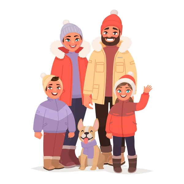 Famiglia felice vestita in inverno vestiti caldi. Persone nel nord — Vettoriale Stock