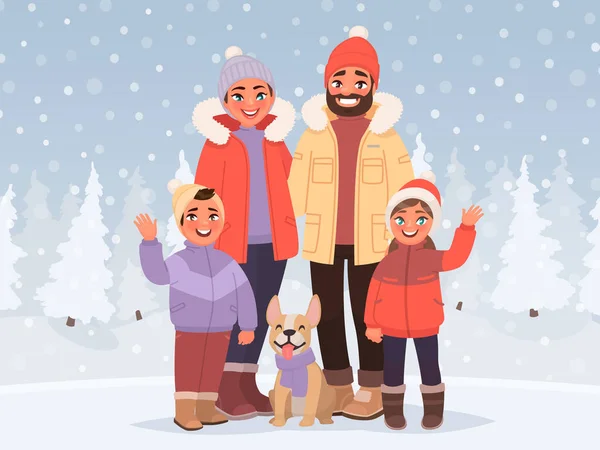 Familia feliz sobre un fondo de un paisaje nevado de invierno. Padre. — Archivo Imágenes Vectoriales
