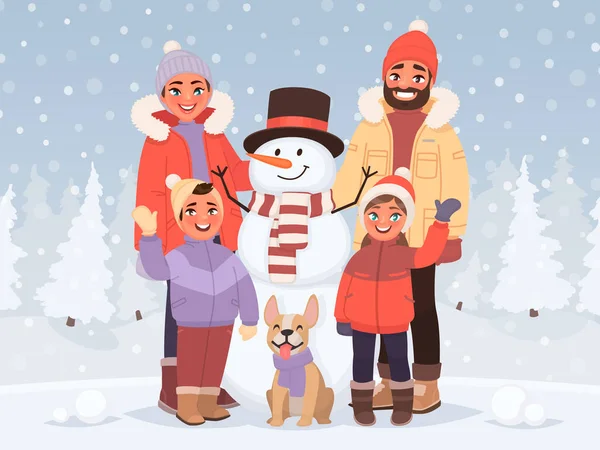 Feliz Navidad y Feliz Año Nuevo. Una familia en las tierras de invierno — Archivo Imágenes Vectoriales